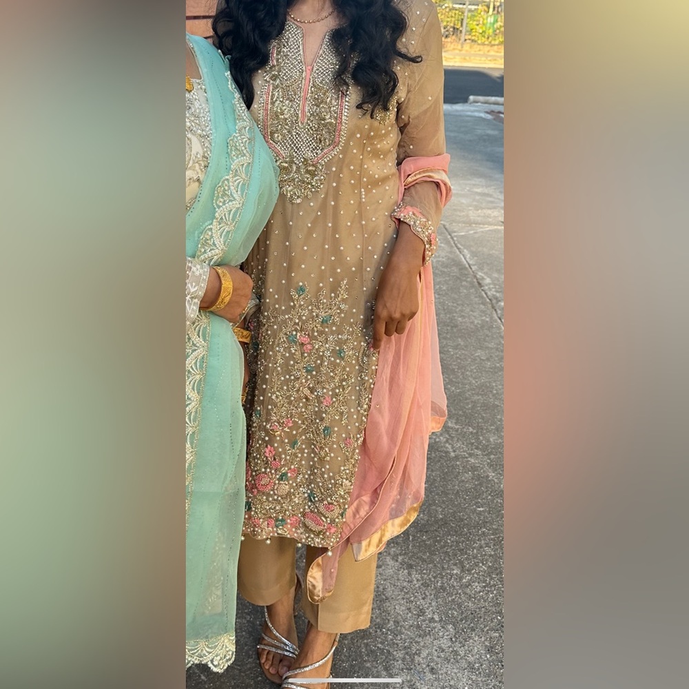 Pakistani Heavy Embellished Beige & Pink Dress - OPEN TO ALL OFFERS